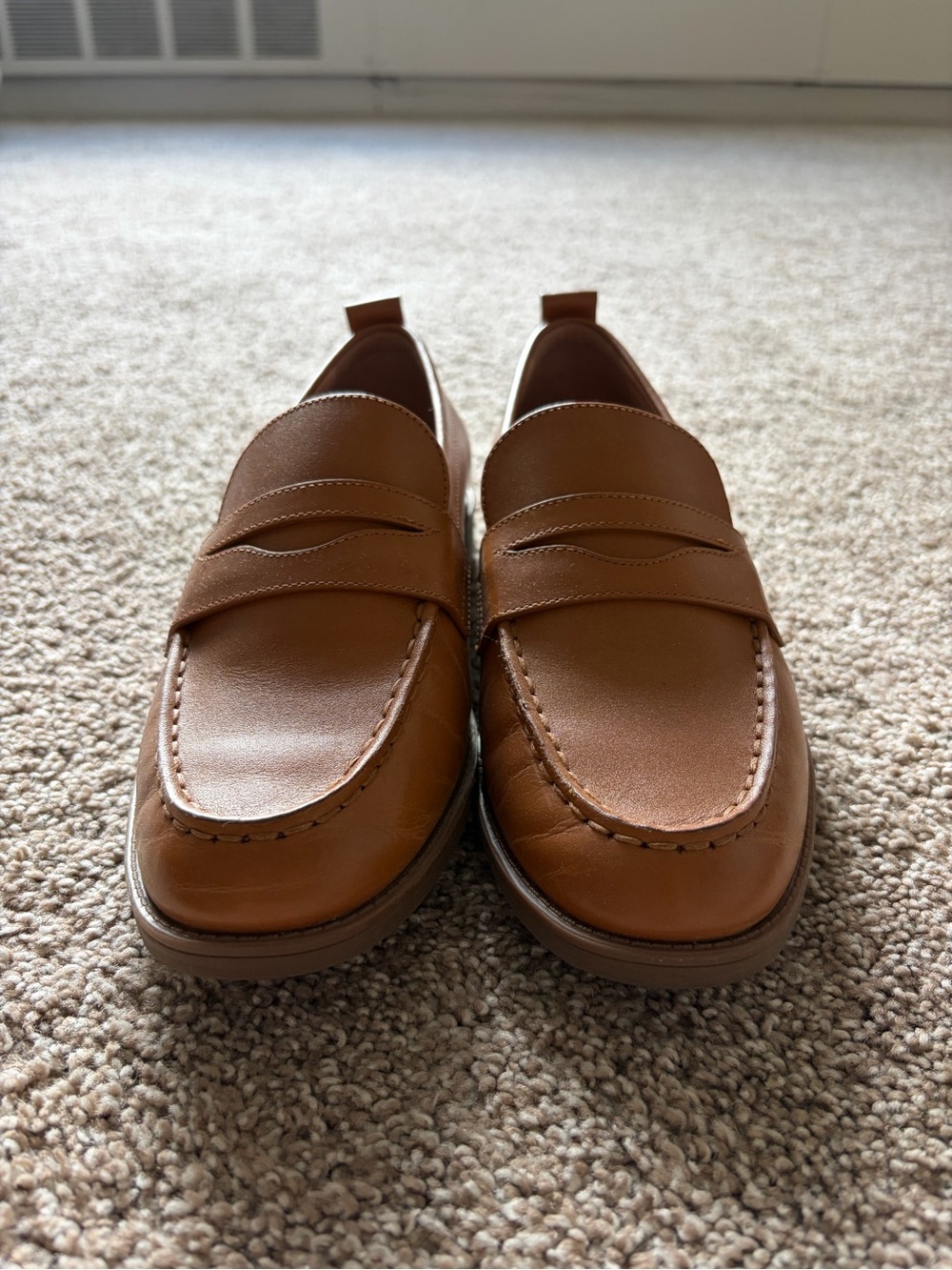 Womens Tan Leather Penny Loafers — Slip-On Comfort